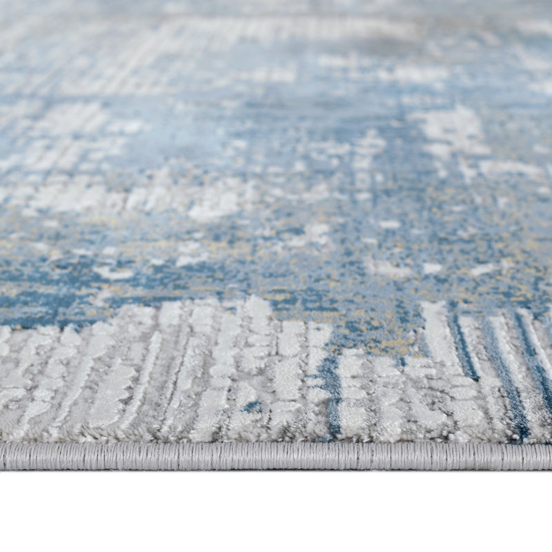 Tapis de couloir abstrait bleu et brun 3 pi x 10 pi avec franges