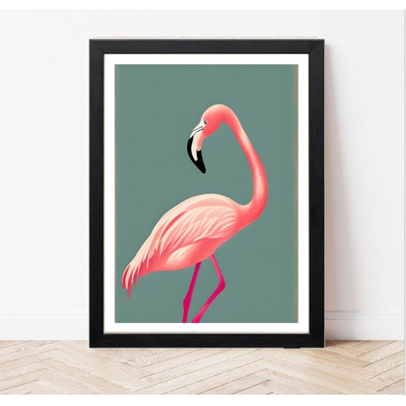 Flamingo Print - Vintage Style - Bird Wall Art - Sage Green Bathroom Pink Flamingo Illustration