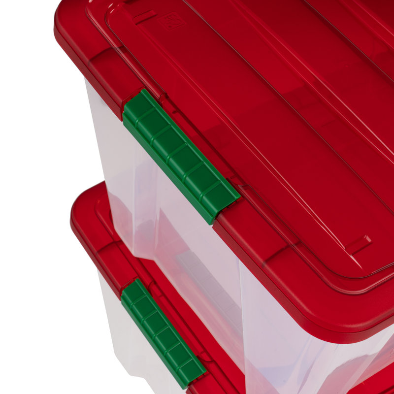 IRIS 54 Qt. Holiday Storage Buckled Clear Box, Clear Body With Red Lid & Elf Green Buckles (4-pack), 54