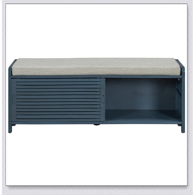 Distressed Shutter Storage Bench with Acacia Veneer for Retro Charm for Living Room, Entryway (Navy)
