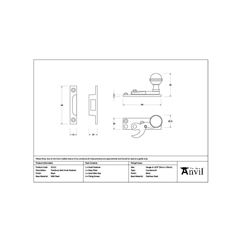 Prestbury Sash Hook Fastener, Black