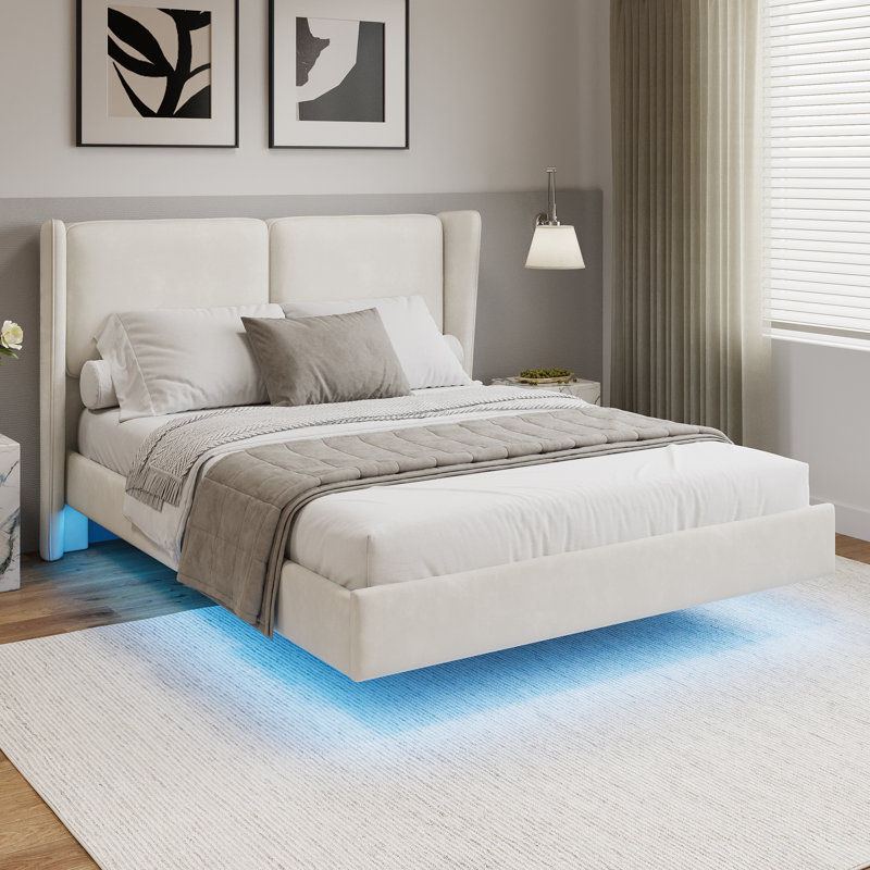 Modern Style Velvet Fabric Floating Bed Frame With LED Lights Wingback Upholstered Bed No Box Springs Needed, Size,, Beige