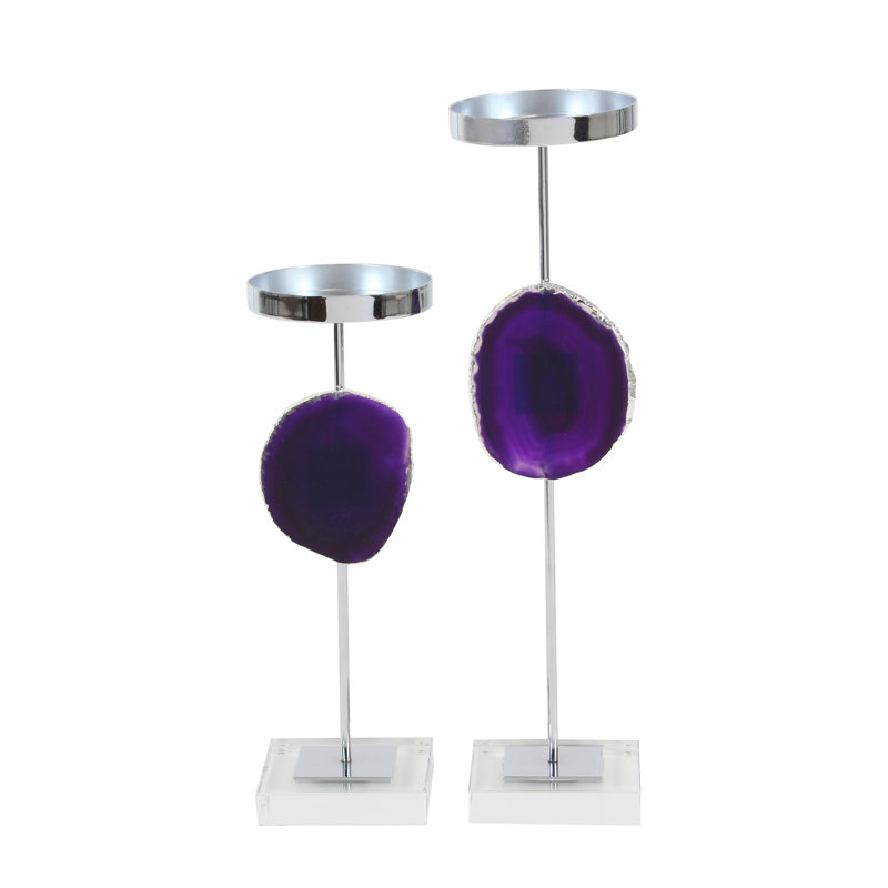 Ensemble de chandelles de table en fer 2 pièces, Argent / mauve