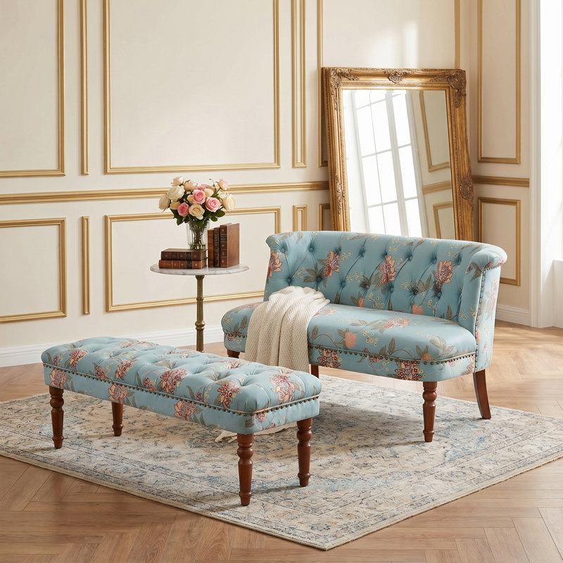 Eloise Vintage Floral Tufted Loveseat with Nailhead Trim