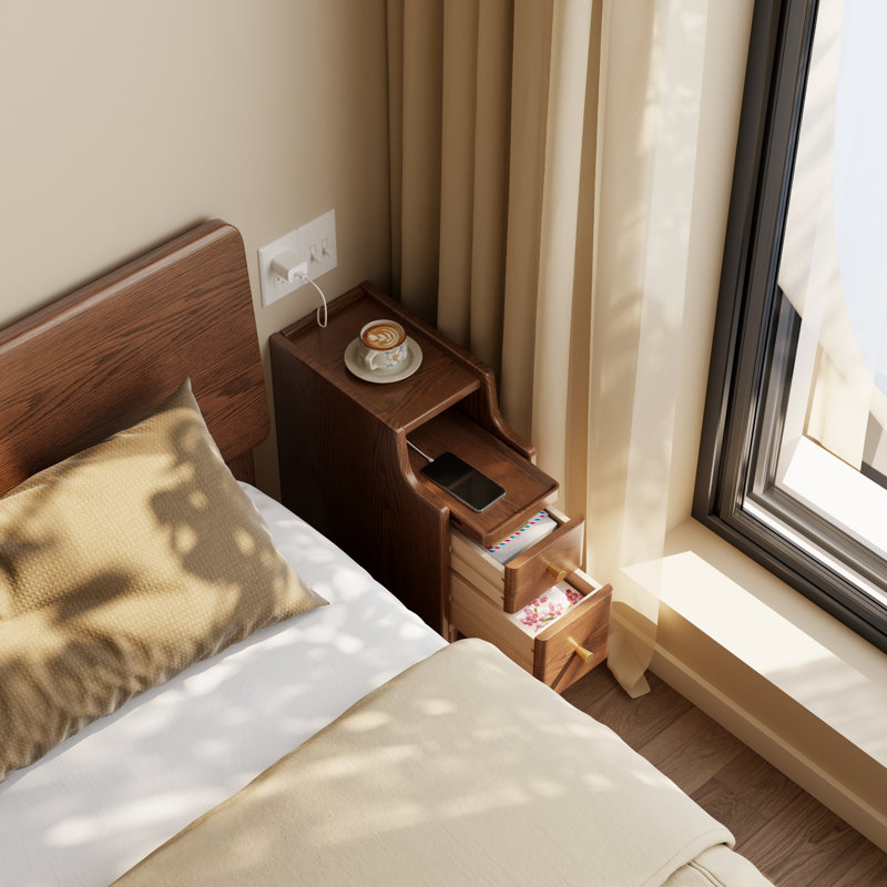 Narrow Solid Wood Nightstand with 2 Drawers, Brown, 7.87"W