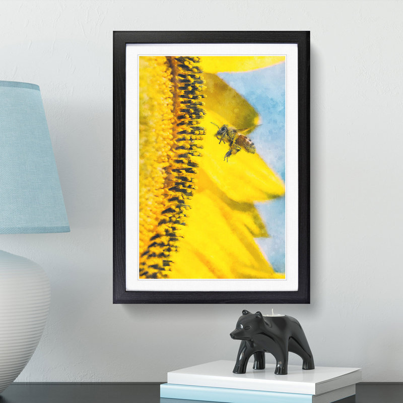 Busy Bee & Yellow Flower - Picture Frame Graphic Art Print, Black Framed, 45cm H x 33cm W x 2cm D