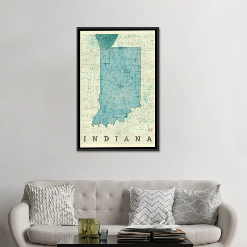 « indiana map », impression sur toile, H 26 po x l 18 po x P 1,5 po, Toile avec cadre noir, Pas de tapis