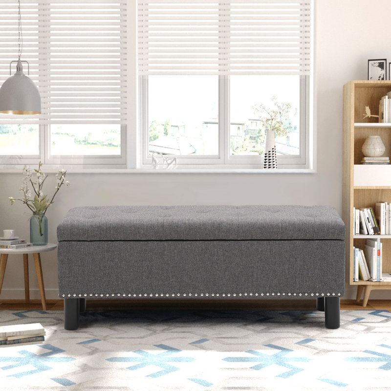 Banc de rangement avec repose-pieds avec pieds en bois, banc de chambre rembourré avec capitonnage à boutons, banc de rangement avec rivet en éponge à haute densité