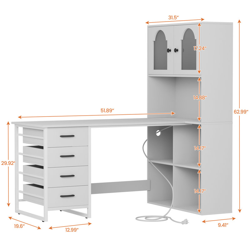 White Computer Desk With Tall Bookshelf, L Shaped Desk With Drawers & LED Lights Power Outlets,Corner Desk With File Cabinet,Home Office Gaming Desk,52''X31.5''X'63''