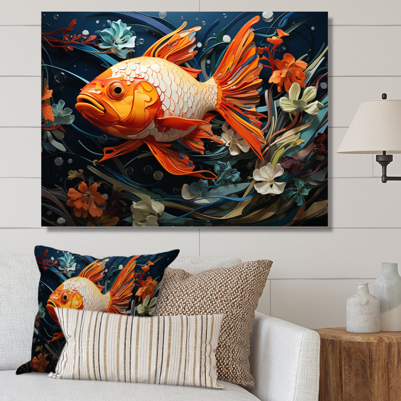 Attia - poisson orange géométrique I - imprimé, H 24 po x l 32 po x P 1 po, Toile tendue