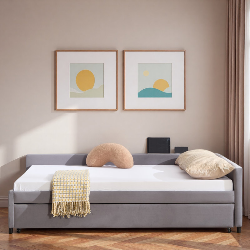 Upholstered Daybed With Trundle And Usb, Gray