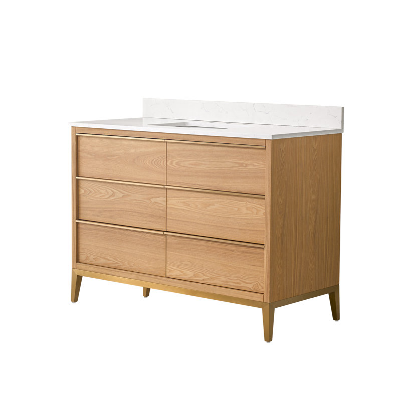 Meuble-lavabo en bois massif H 35 po x l 48 po avec comptoir en quartz blanc Carrera résistant aux taches et lavabo simple