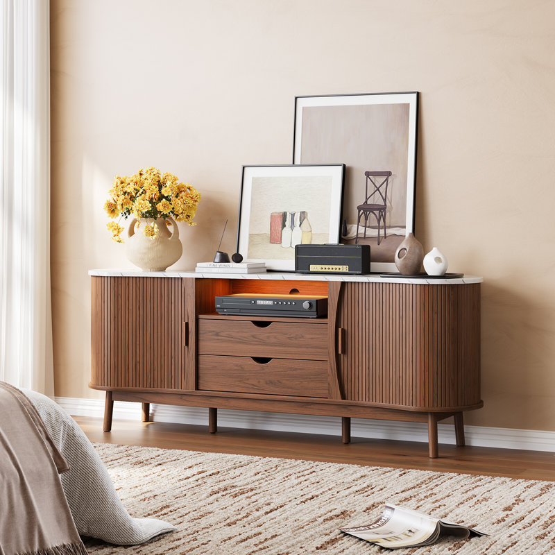 70" Curved TV Stand For Tvs Up To 80", With RGB Light, Drawers & Built-In Power Outlet, Walnut