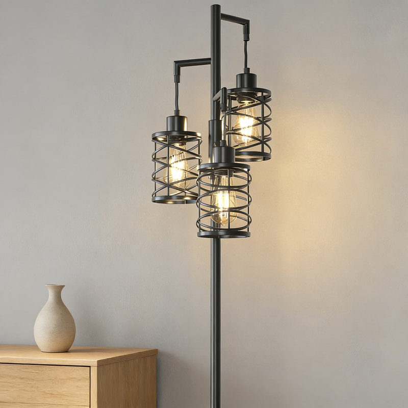 68" Industrial Floor Lamp With 3 Dimmable Bulbs, Black Farmhouse Standing Tree Lamp For Living Room, Bedroom, Office, Black