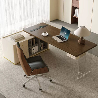 Walnut L-Shaped Manufactured Wood Executive desk with drawers desk