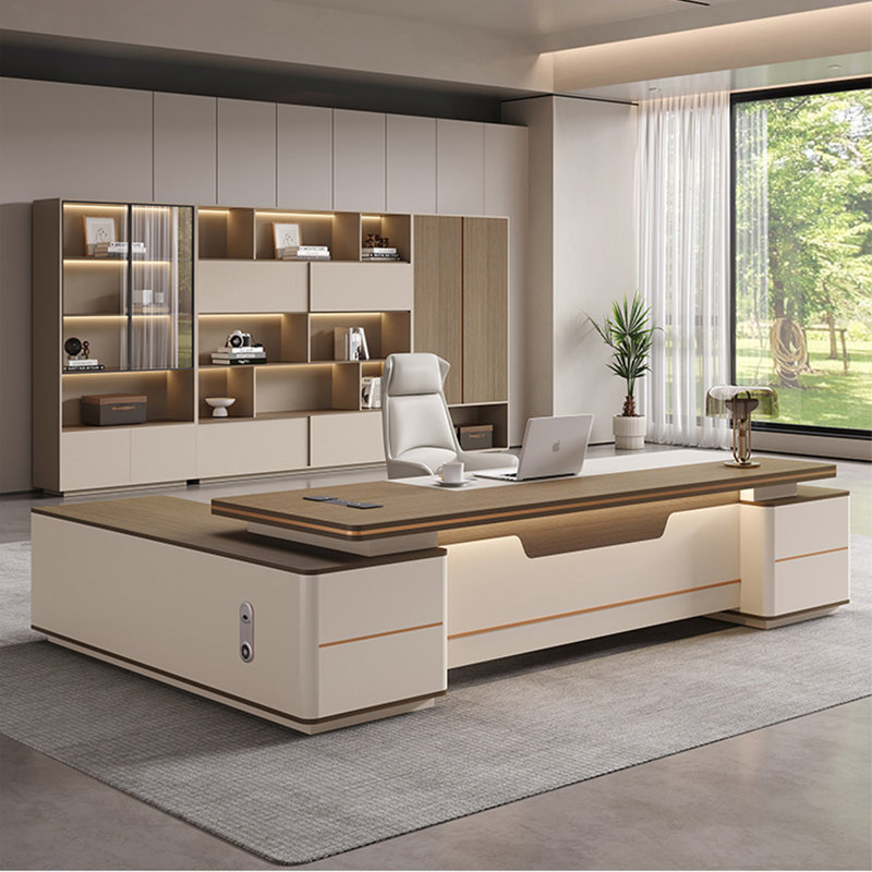 110.24"Modern Light Luxury Brown L-Shaped Office Desk, 29.53" H x 102.36" W x 35.43" D