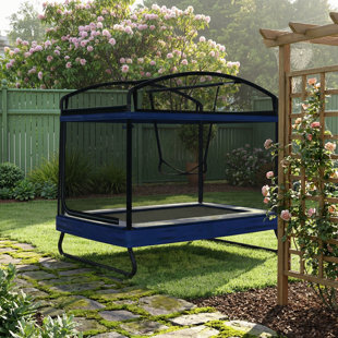 Trampoline d'extérieur carré pour enfants et adultes avec filet de protection et balançoire, noir et bleu, métal, 4 x 6 pi