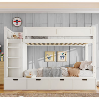 Lit superposé simple au-dessus de simple avec 4 tiroirs de rangement, lit superposé en bois massif avec garde-robe intégrée et garde-corps pleine longueur, sans sommier tapissier, ivoire