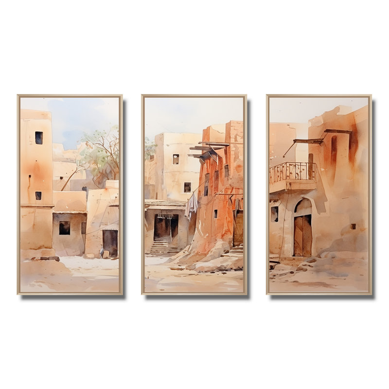 Village urbain, Sables égyptiens I - Art mural égyptien, Cadre flottant brun, H 40 po x l 61 po x P 1 po