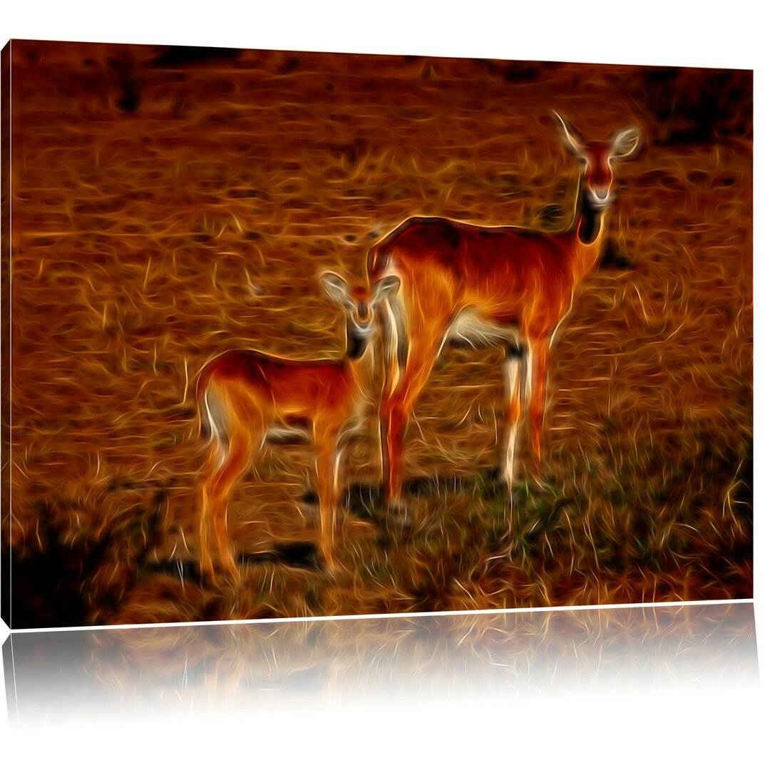 Leinwandbild Gazelle mit Jungtier in Dunkelbraun