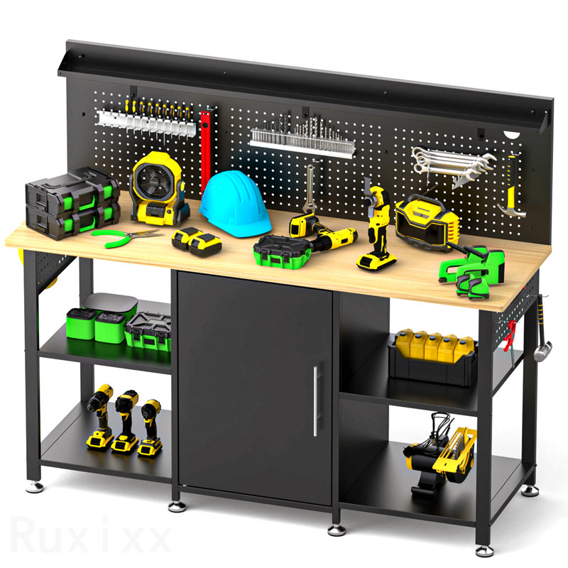 Établi robuste de 60 pouces avec armoire de rangement, plateau en bois, capacité de 2000 lb, grande table de travail de garage avec panneau perforé, prise de courant