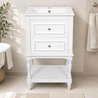 Meuble-lavabo de 20 po avec lavabo en céramique, armoire de rangement avec tablette ouverte, armoire de salle de bain rétro avec 2 tiroirs