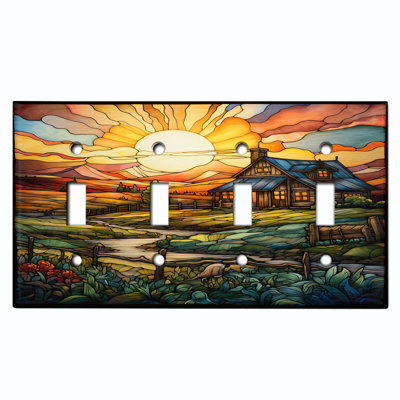 Couvercle de plaque d'interrupteur en métal; Bascule standard à 4 bandes US - image imprimée de vitrail Farmstead