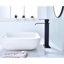 Robinet de meuble-lavabo à poignée simple, bec cascade, acier inoxydable noir mat et débit d'eau de 1,2 gallon par minute, poignée de l'ensemble de drain escamotable-124464704