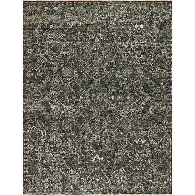 Queens Hand Knotted Wool Area Rug in Jade/Ivory/Gray, Rectangle 9' x 12'