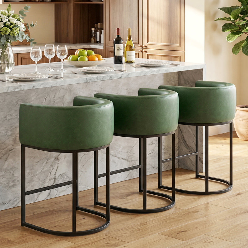Pu Leather Counter Stool Barrel Counter Height Stools Set of 3, Green