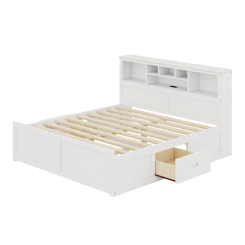 Lit plateforme en bois avec tête de lit multi-rangement, USB et tiroirs, Blanc