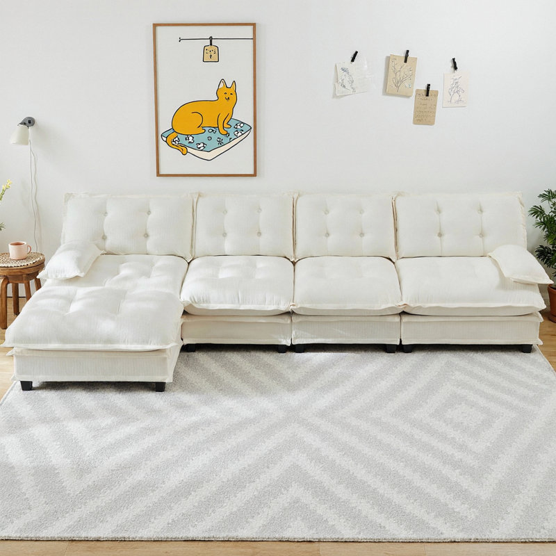 Canapé modulaire en forme de L de 138 po avec repose-pieds modulaire en L chenille, canapé modulaire en tissu chenille à 4 sièges profonds, canapé confortable à 4 sièges en treillis pour salon, chambre à coucher et appartement
