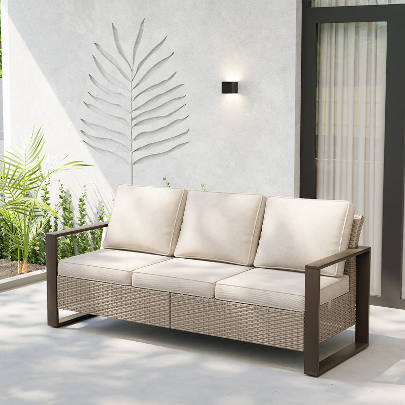 Creal 75.2'' Wide Reversible Wicker Patio Sofa with Cushions, Beige