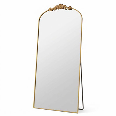Miroir de plancher arqué pleine longueur avec cadre sculpté, verre antidéflagrant, fixation murale ou rétro doré