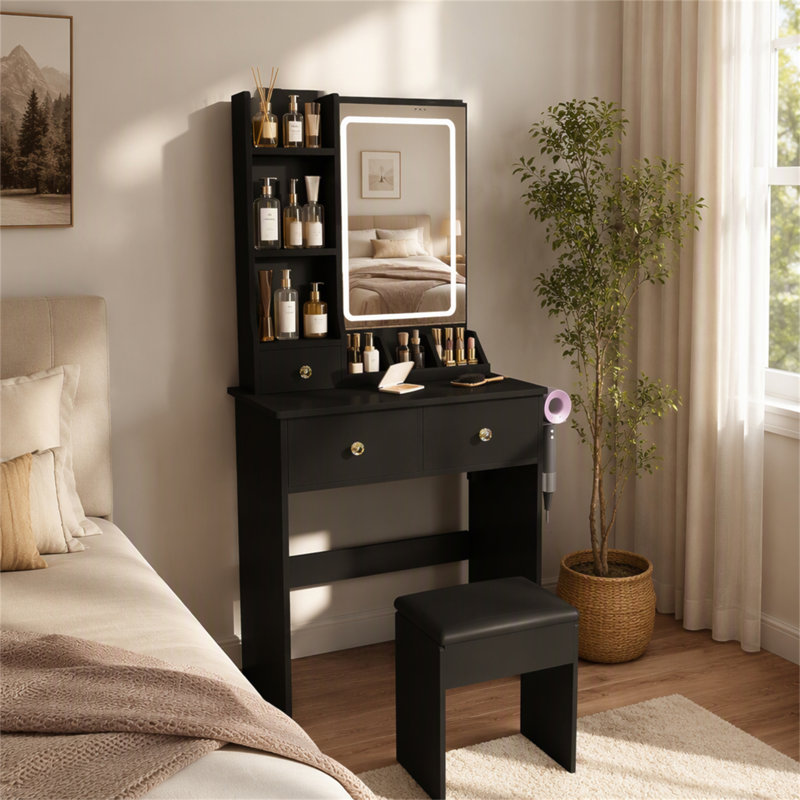 Bureau de coiffeuse avec tiroirs et tablettes de rangement, coiffeuse avec support pour sèche-cheveux et prise de courant, une coiffeuse