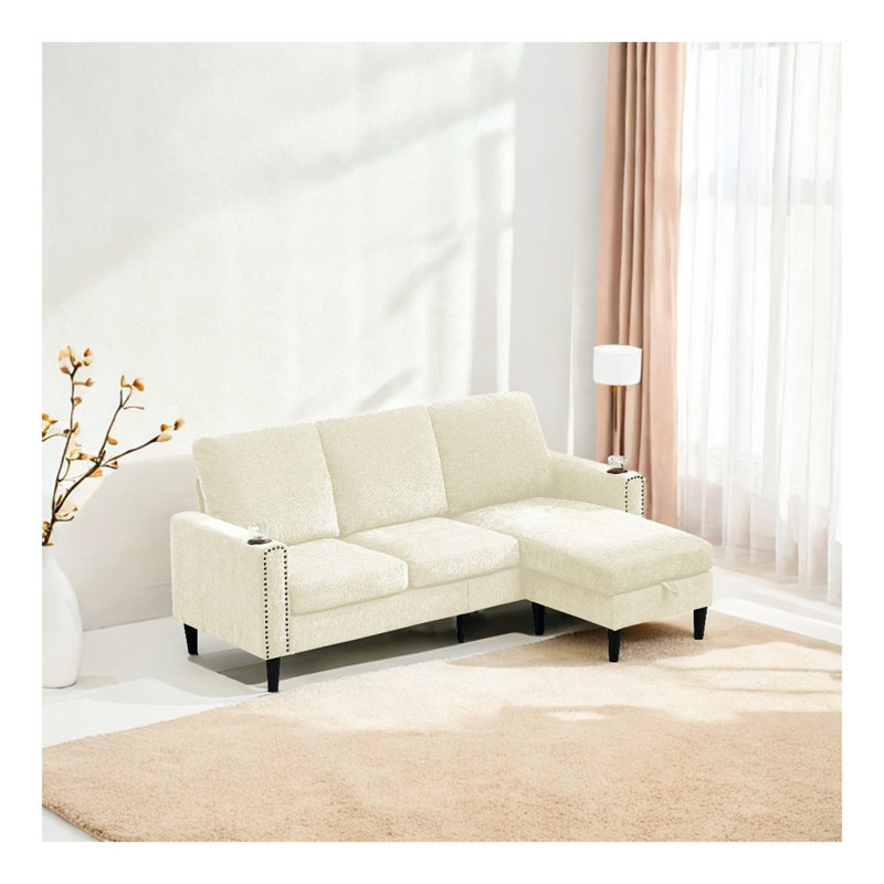 Canapé modulaire en L à 3 places avec méridienne de rangement Modern Studio, Blanc cassé