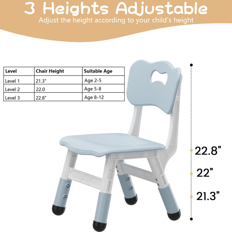 Chaises pour enfants 10,6 po / 11,4 po / 12,2 po à 3 niveaux réglables à 2 niveaux, dossier ergonomique, pieds antidérapants, chaises empilables en polypropylène certifiées CCP pour la classe résidentielle, bleu
