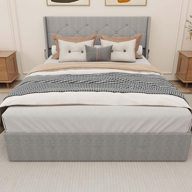 Cadre de lit grand avec rangement - Lit de rangement relevable avec tête de lit moderne à oreilles, ports USB, Gris clair