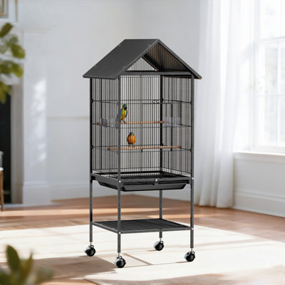 51in Wrought Iron Rolling Bird Cage With Roof-top
