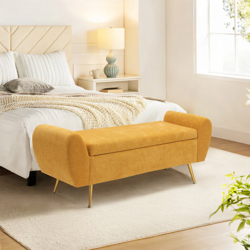 Shaneta 57"W Upholstered Storage Bench with Arms, Yellow