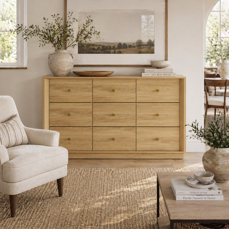 9 Drawer Dresser, Mid Century Modern Dresser With Storage, 55" Wide Chest Of Drawers With Wood Grain Texture, Dressers Tv Stand For Bedroom, Living Room, Hallway,  Gold Oak