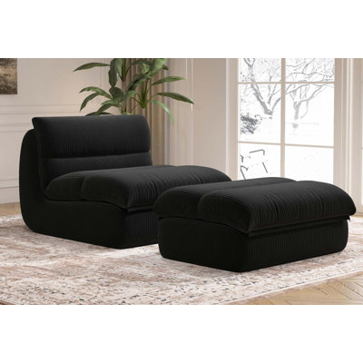 Bean Bag Chair with Ottoman, Corduroy Lazy Lounge Sofa with Footrest, High Density Sponge Reading Chair for Adults, Comfy Upholstered Chaise for Living Room Bedroom Apartment, Black