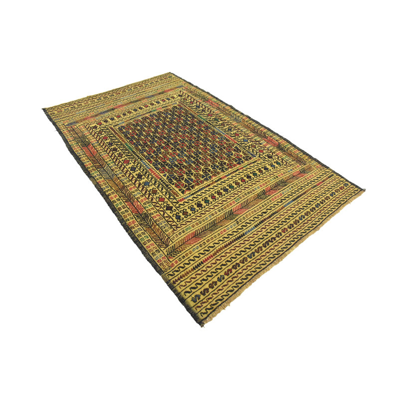 Tapis en laine beige/brun 3 pi 10 po x 6 pi 2 po one-of-kind à la main noué la new age Warminster