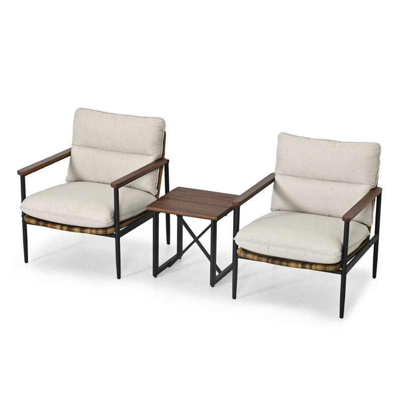 Berklee 3-Piece Aluminum Wicker Patio Conversation Set With Side Table And Light Gray Cushions