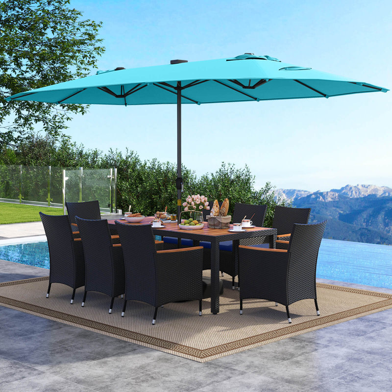 Ensemble de salle à manger 11 pièces pour patio avec parasol double face 15 pi (base incluse) turquoise, Turquoise, Marine
