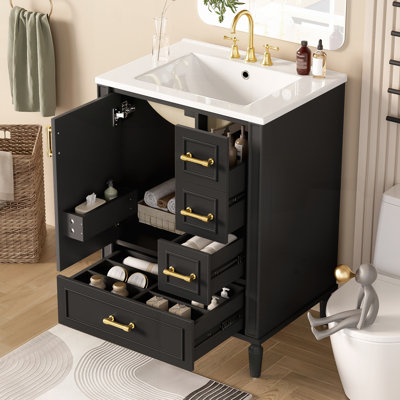 Meuble-lavabo moderne de 24 po avec lavabo en céramique, porte à fermeture douce, 3 tiroirs et rangement compact