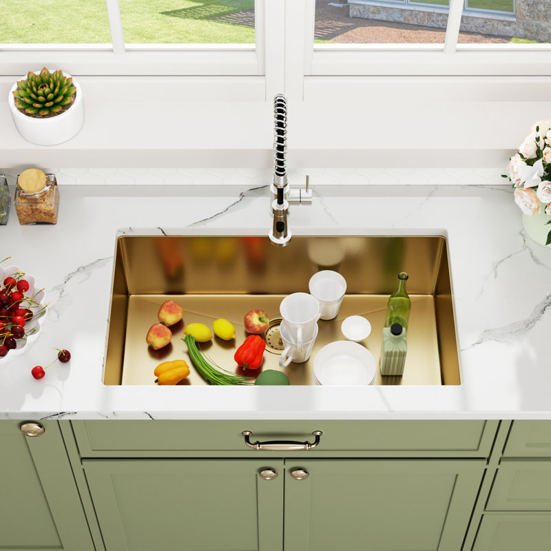 32" L x 19"W Undermount kitchen Sink Gold Stainless Steel Single Bowl Kitchen Sink with Bottom Grid, 10" H x 19" W x 32" D