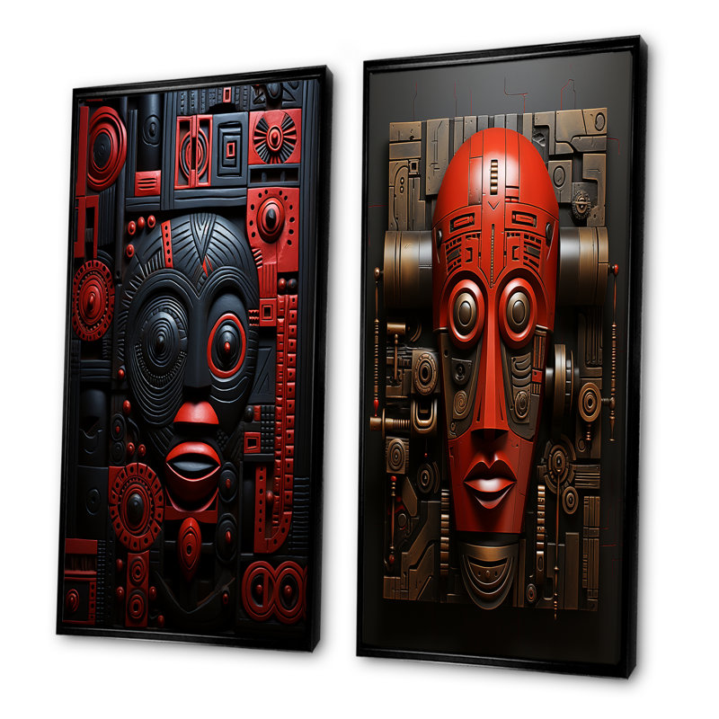 Masque africain Zulu Warrior II - ensemble de 2 décorations murales masque africain, Cadre noir, H 28 po x l 25 po