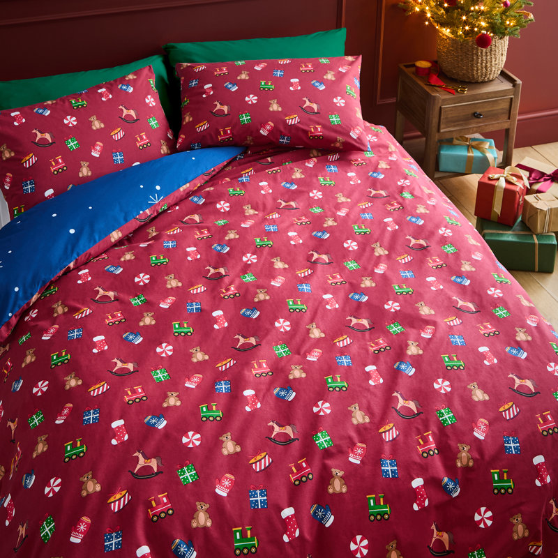 Christmas Santa's Workshop Reversible Duvet Cover Set, Double Duvet Cover + 2 Standard Pillowcases