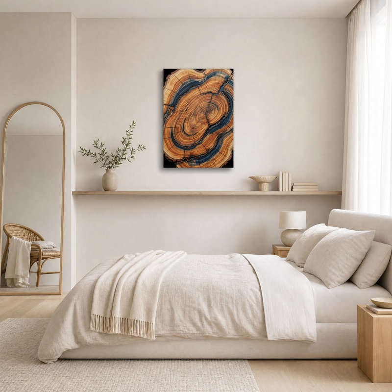 Tableau sur toile représentant des anneaux concentriques d'arbre avec des stries bleues, H 18 po x l 12 po